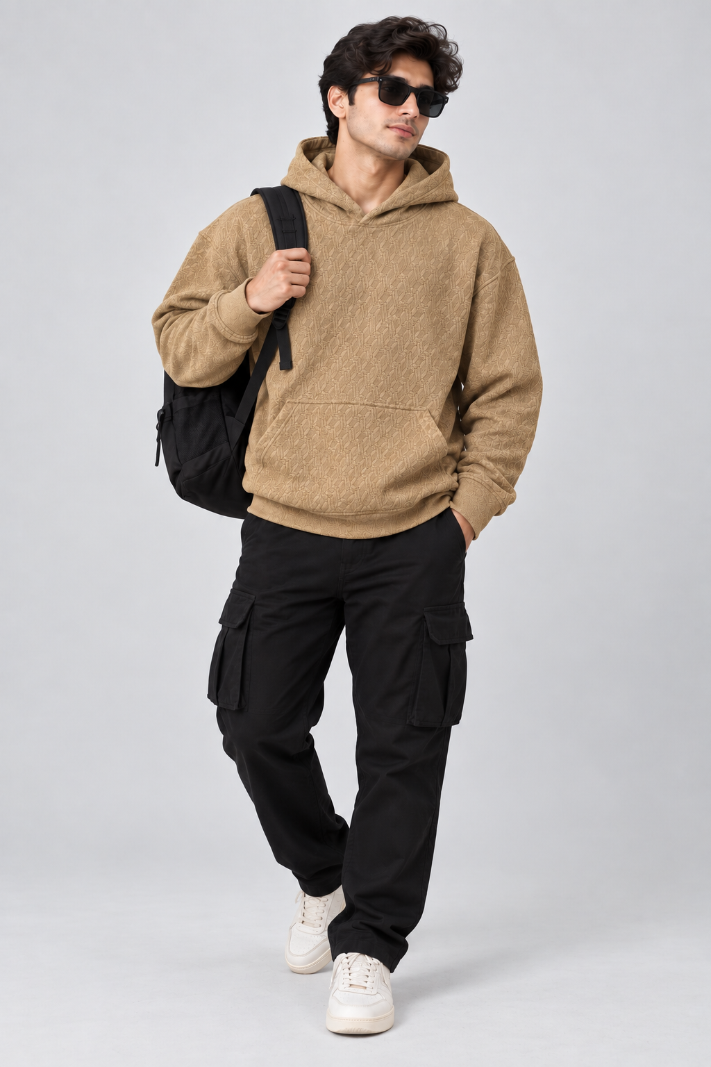 AMOLDO Men's Textured Pullover Hoodie with Kangaroo Pocket | Beige