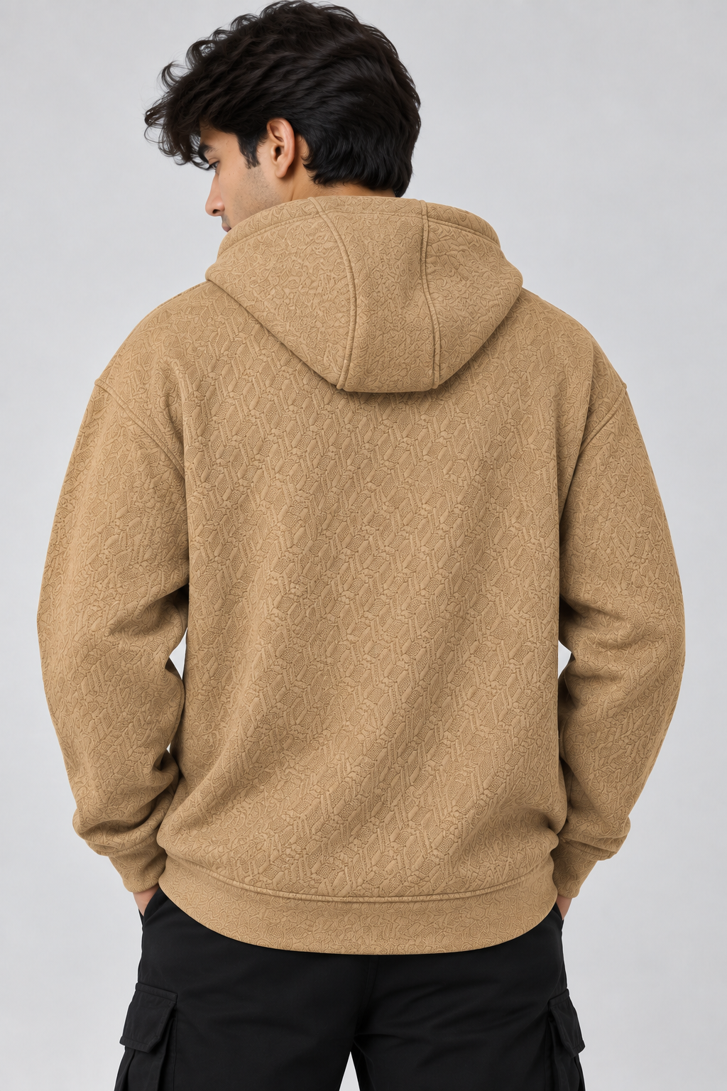 AMOLDO Men's Textured Pullover Hoodie with Kangaroo Pocket | Beige