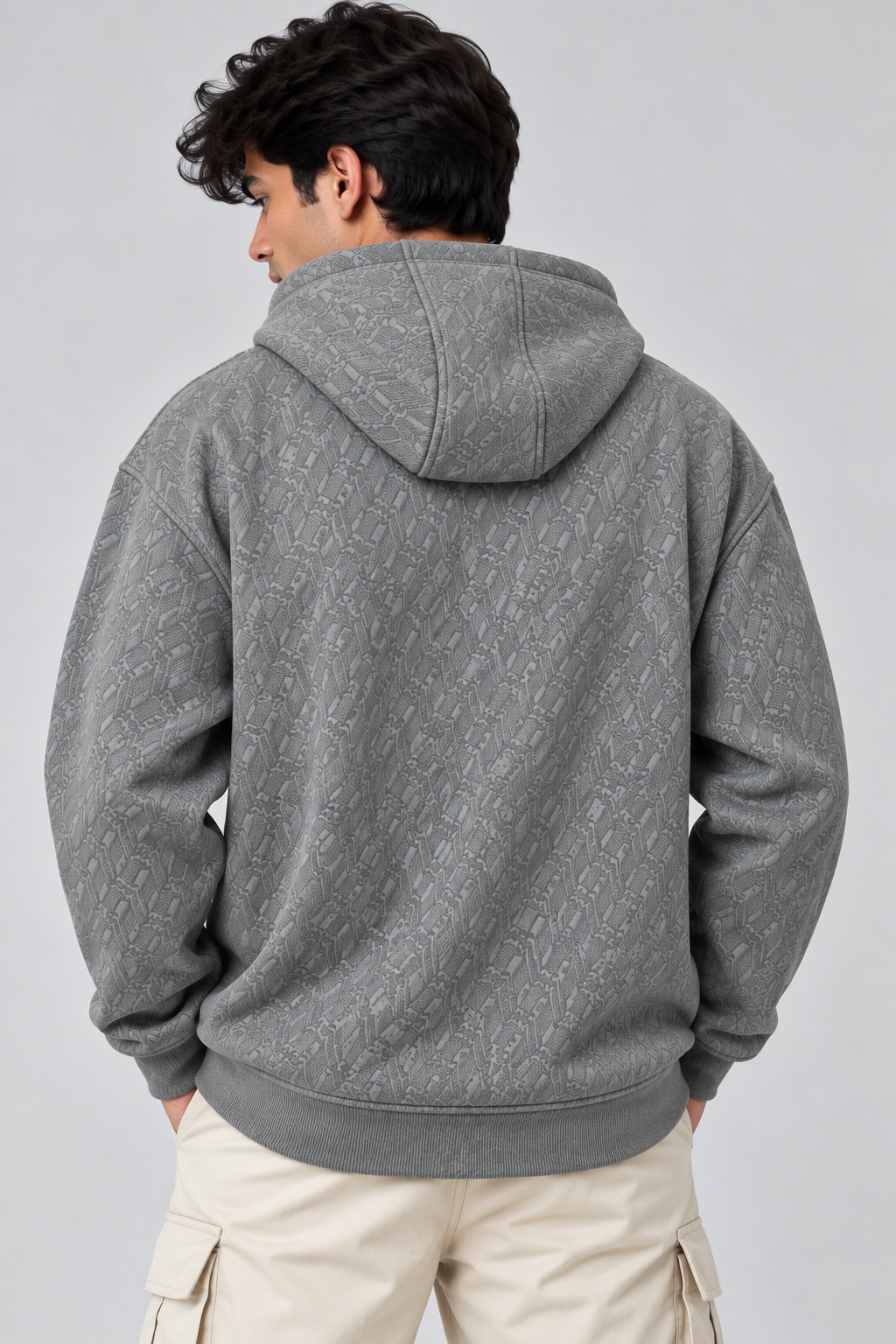 AMOLDO Men's Textured Pullover Hoodie with Kangaroo Pocket | Grey