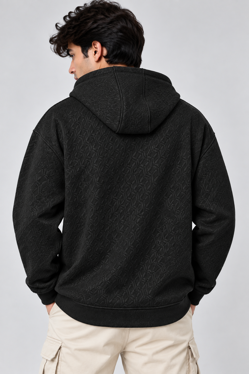 AMOLDO Men's Textured Pullover Hoodie with Kangaroo Pocket | Black