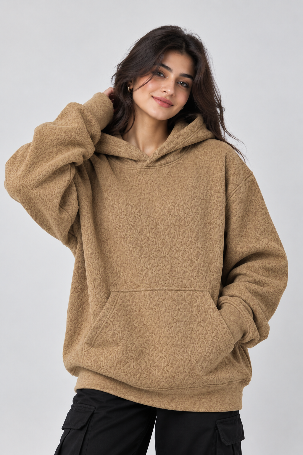 AMOLDO Women's Oversized Textured Pullover Hoodie | 400+ GSM | Beige