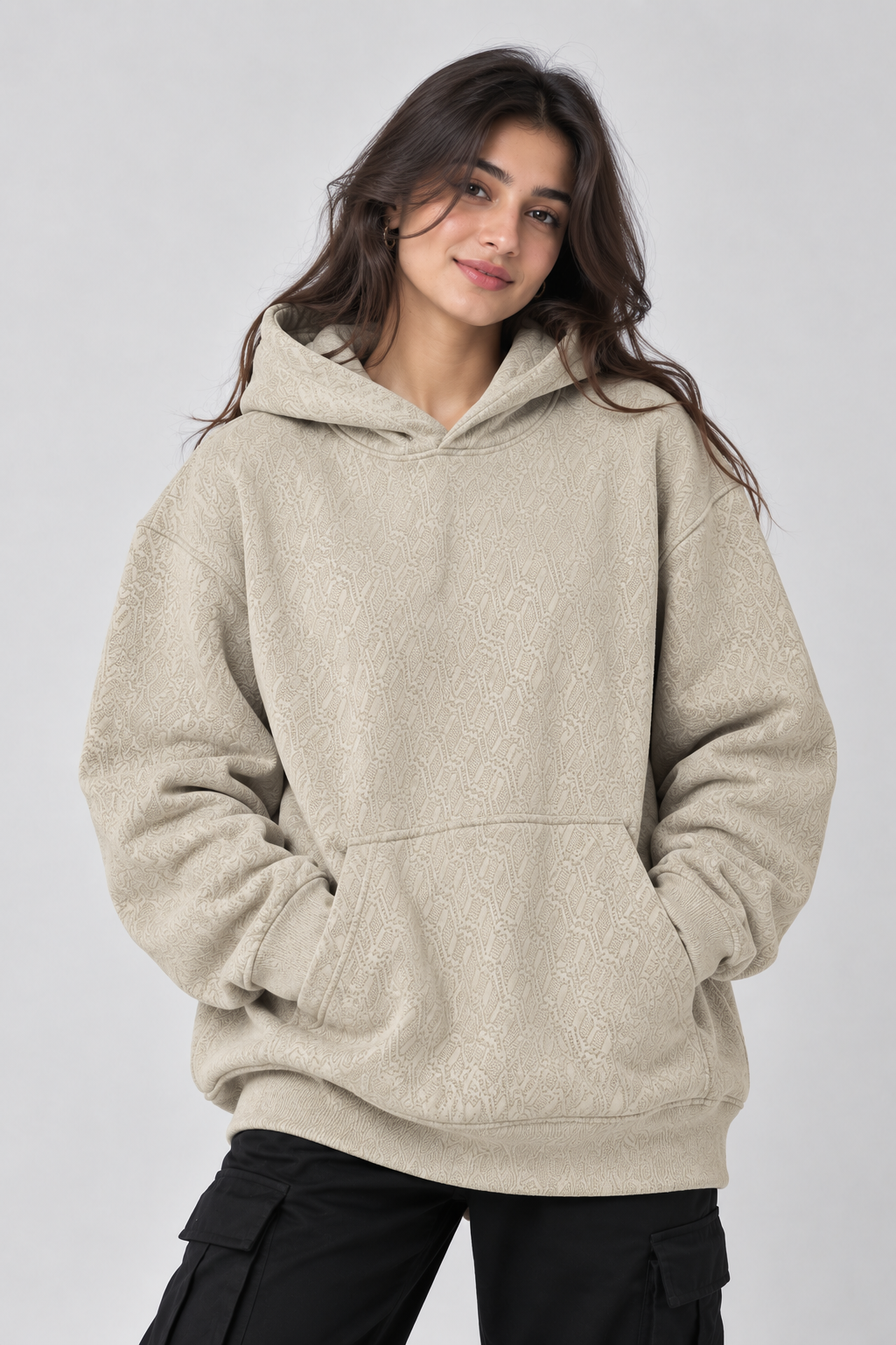 AMOLDO Women's Oversized Textured Pullover Hoodie | 400+ GSM | Camel
