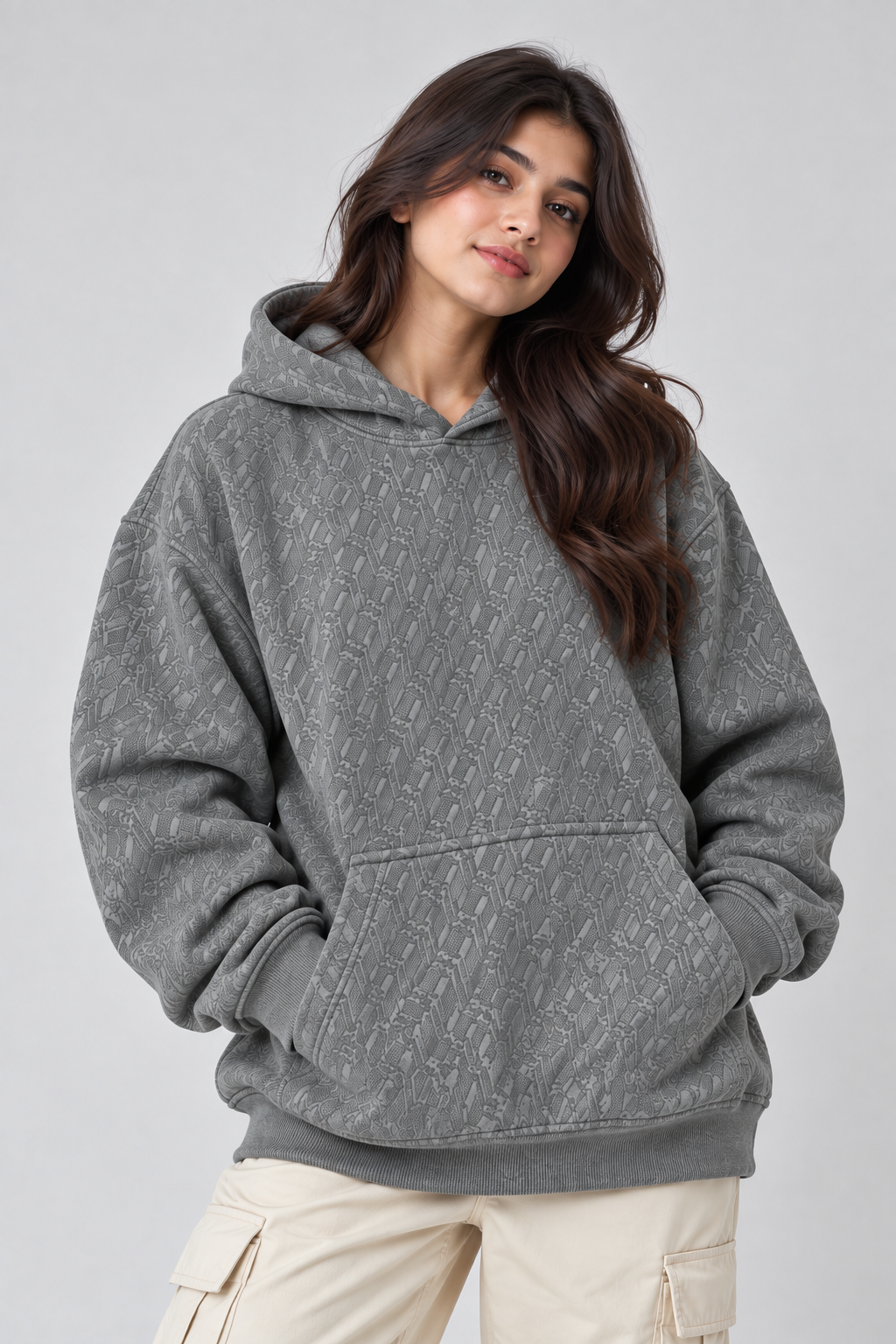 AMOLDO Women's Oversized Textured Pullover Hoodie | 400+ GSM | Grey