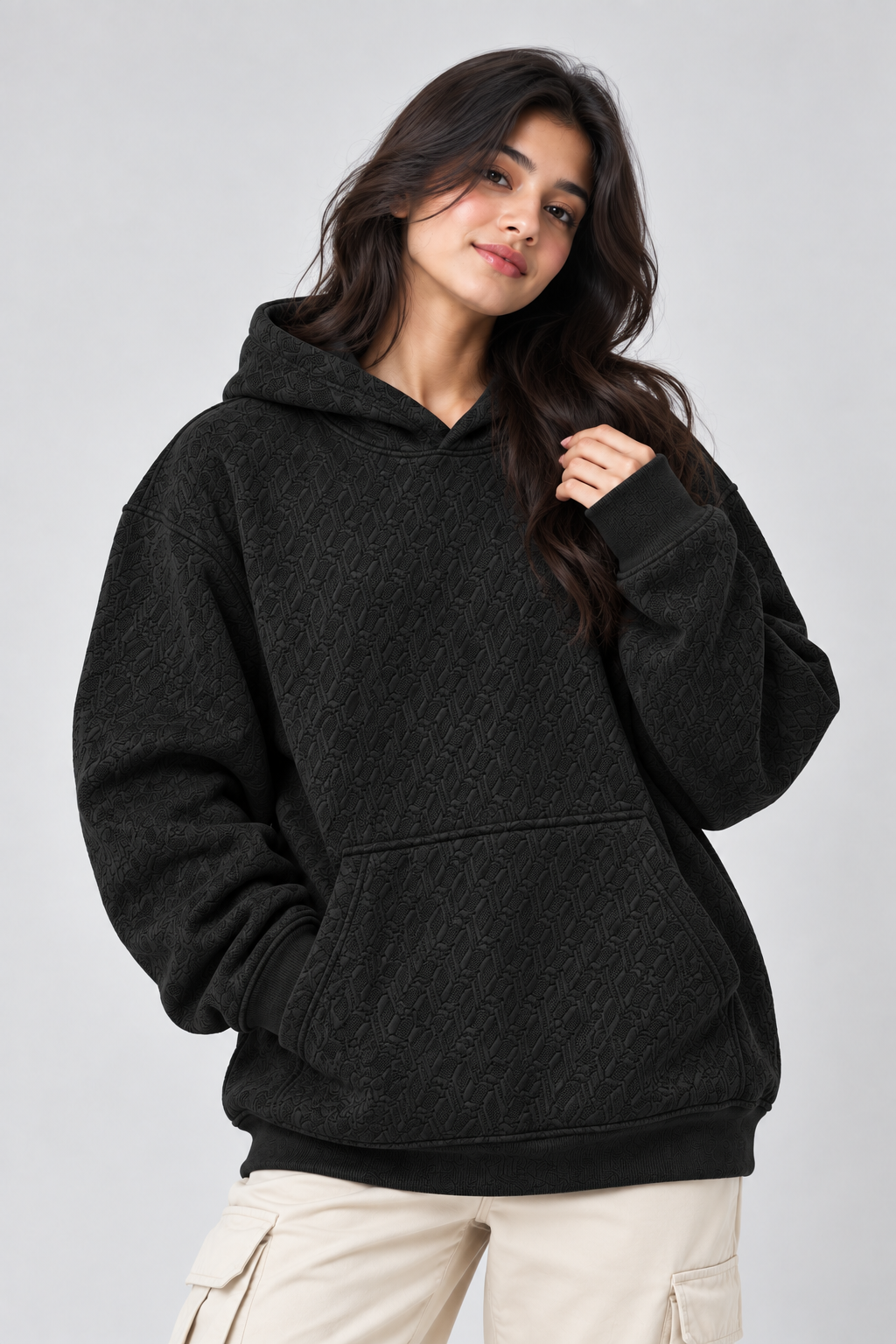 AMOLDO Women's Oversized Textured Pullover Hoodie | 400+ GSM | Black