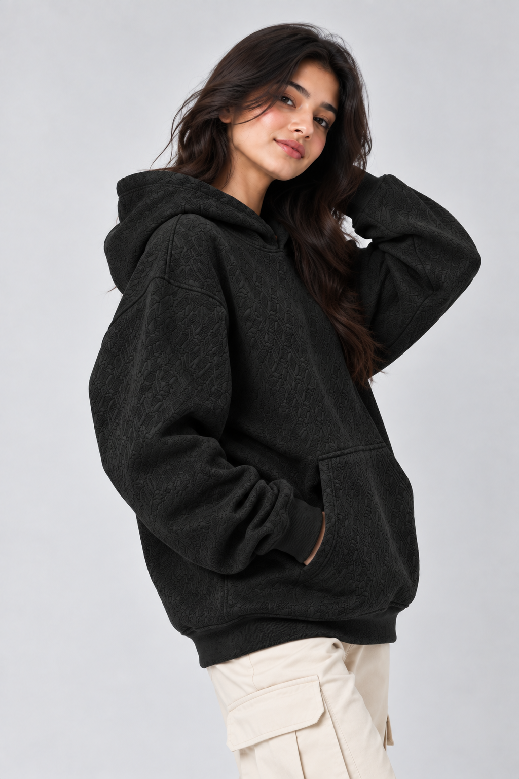 AMOLDO Women's Oversized Textured Pullover Hoodie | 400+ GSM | Black