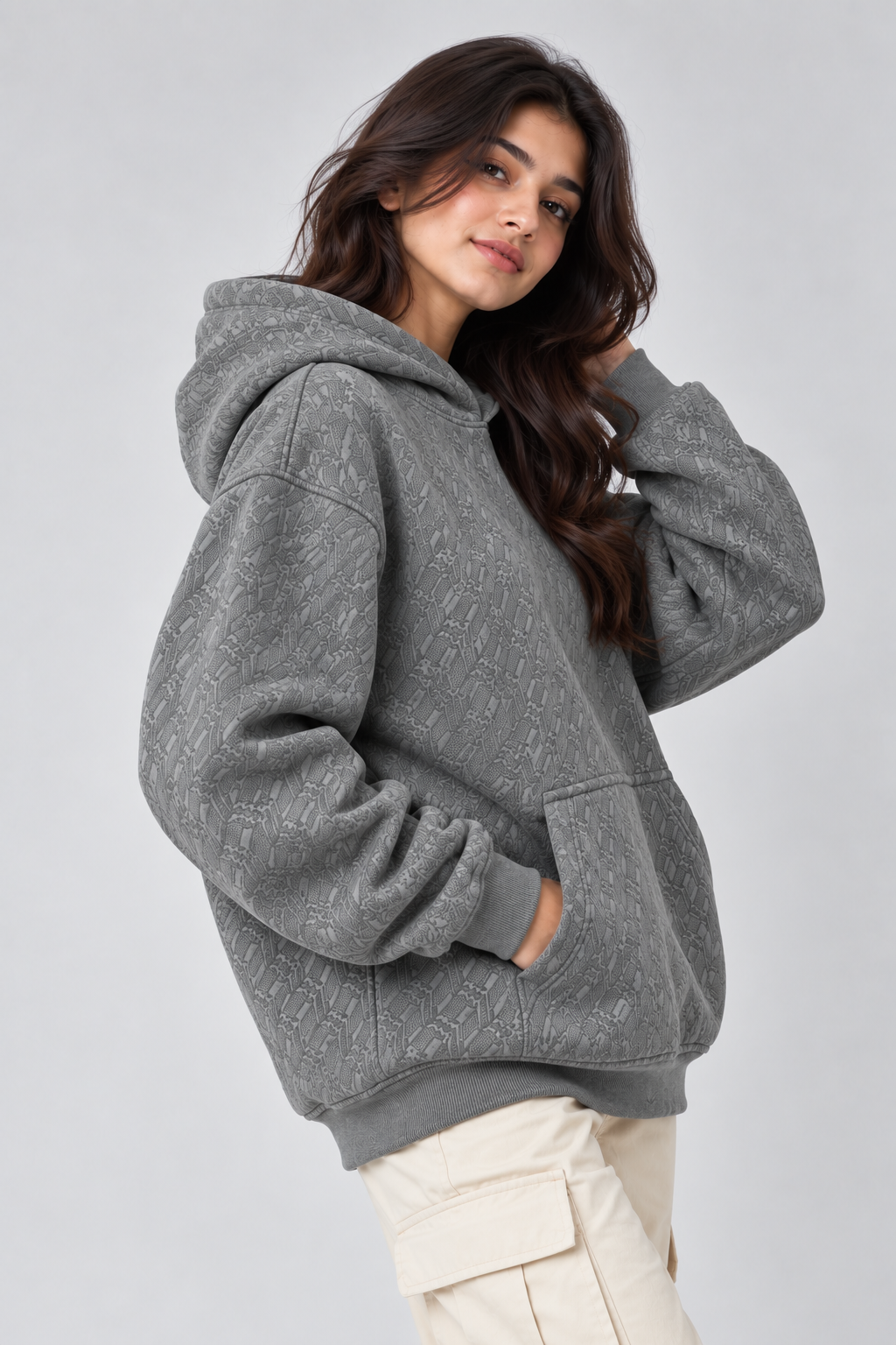 AMOLDO Women's Oversized Textured Pullover Hoodie | 400+ GSM | Grey