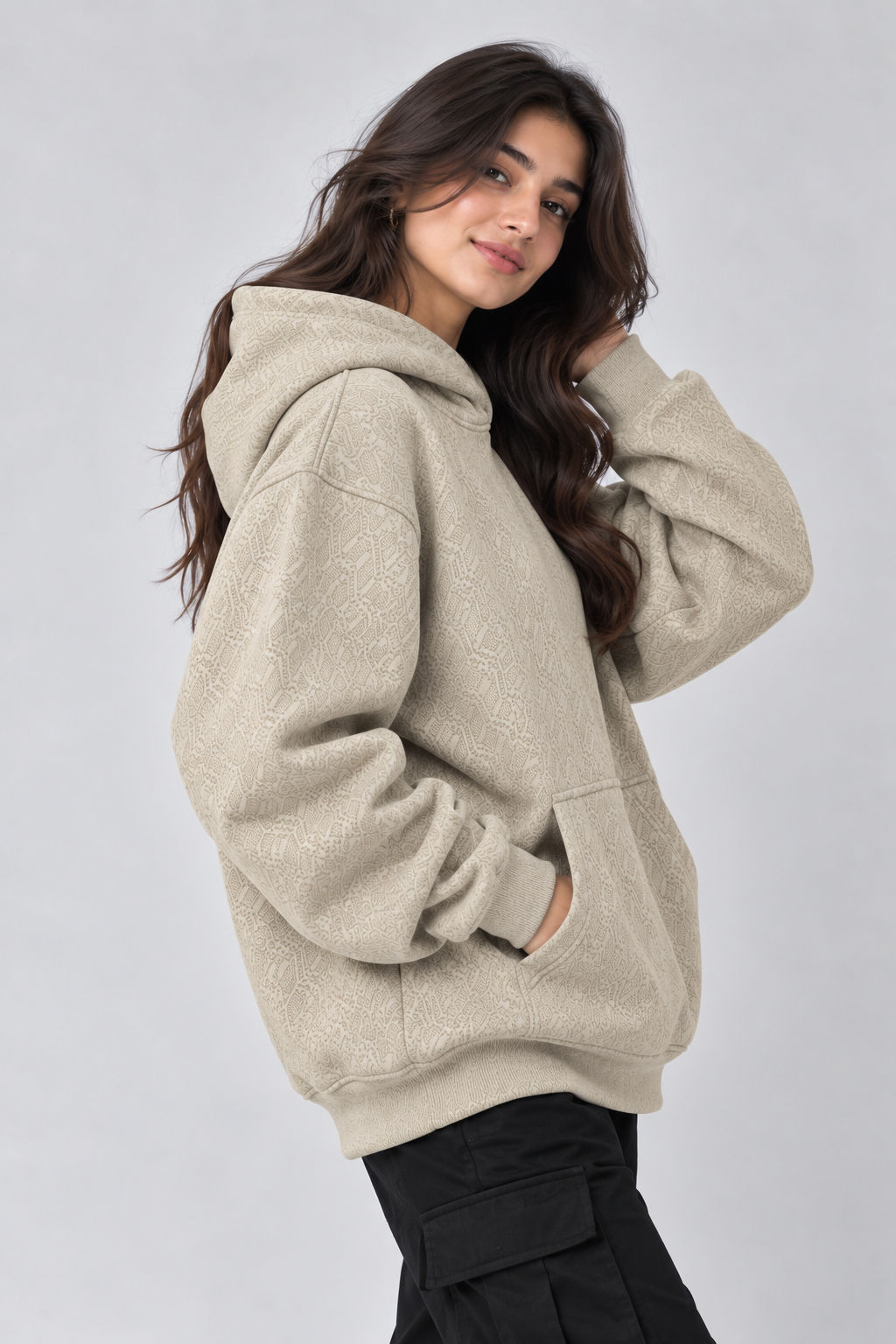 AMOLDO Women's Oversized Textured Pullover Hoodie | 400+ GSM | Camel