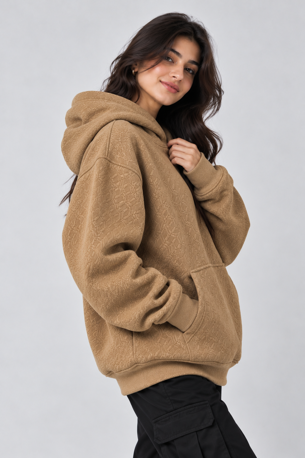 AMOLDO Women's Oversized Textured Pullover Hoodie | 400+ GSM | Beige