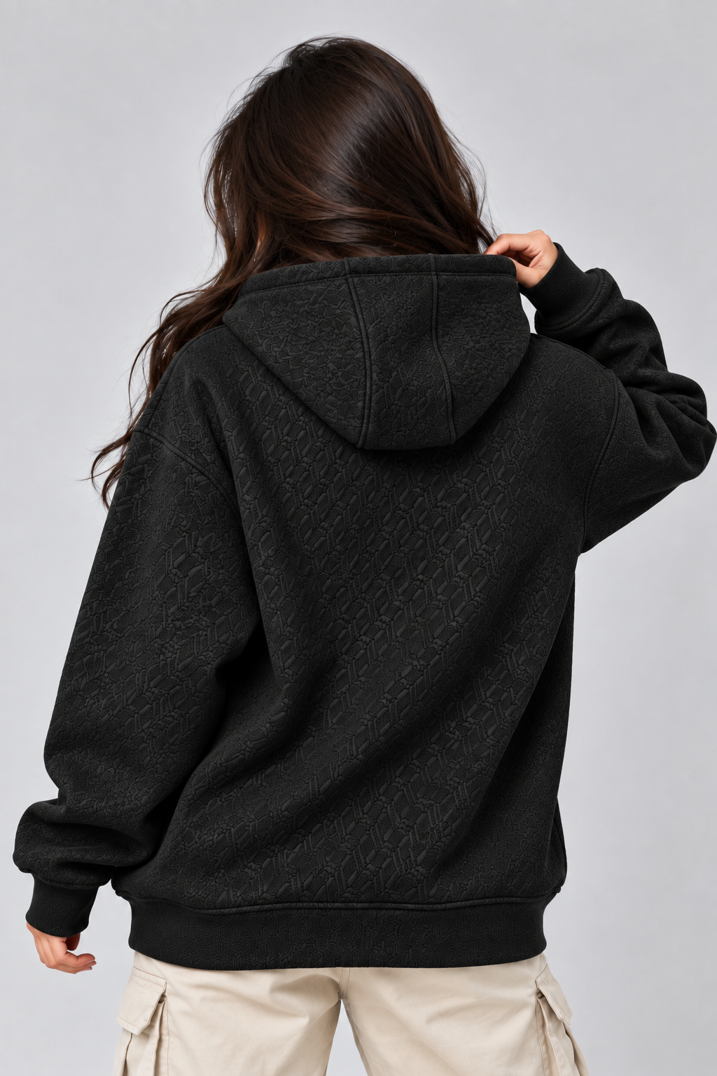 AMOLDO Women's Oversized Textured Pullover Hoodie | 400+ GSM | Black