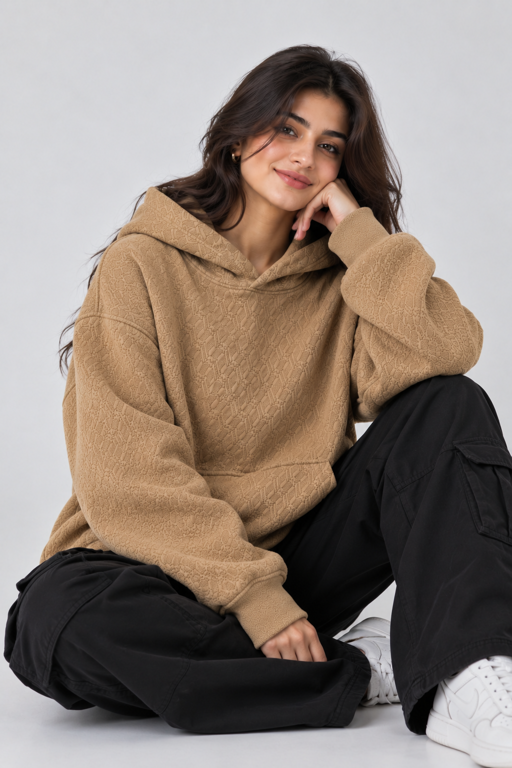 AMOLDO Women's Oversized Textured Pullover Hoodie | 400+ GSM | Beige