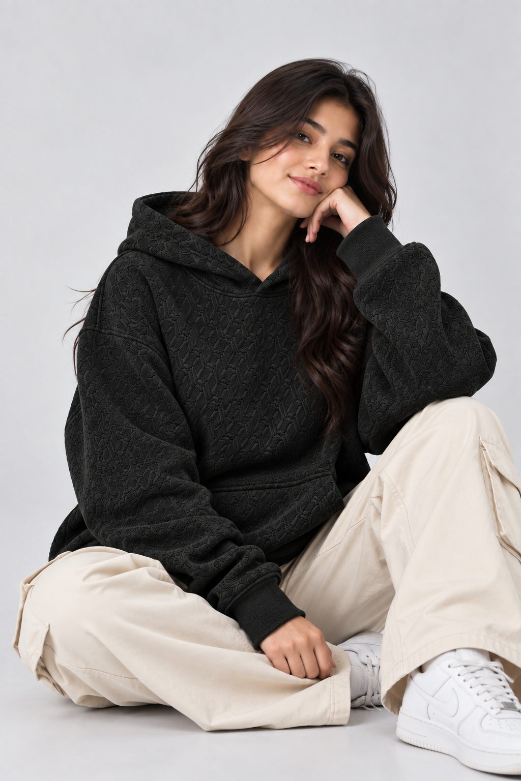 AMOLDO Women's Oversized Textured Pullover Hoodie | 400+ GSM | Black