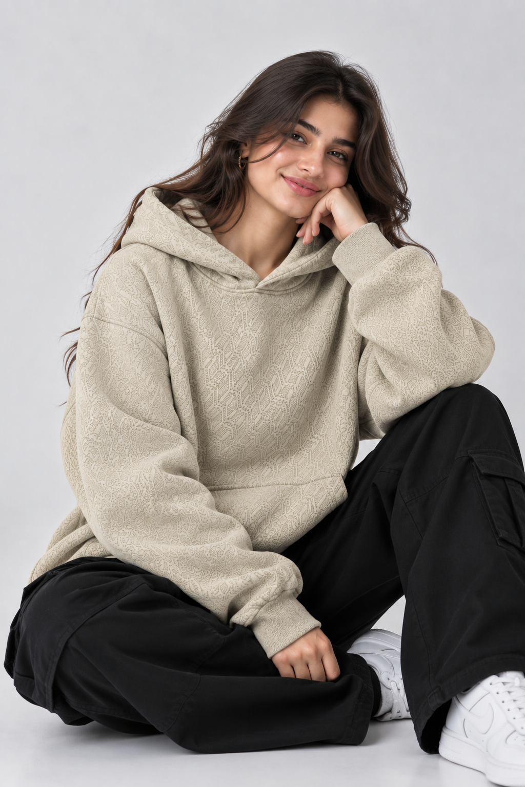 AMOLDO Women's Oversized Textured Pullover Hoodie | 400+ GSM | Camel