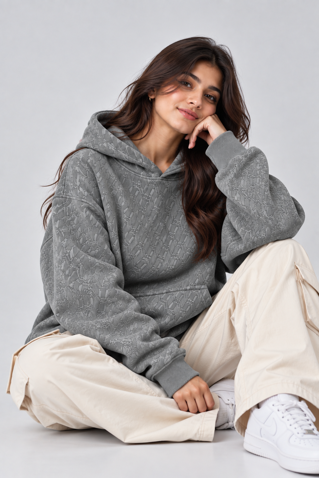 AMOLDO Women's Oversized Textured Pullover Hoodie | 400+ GSM | Grey