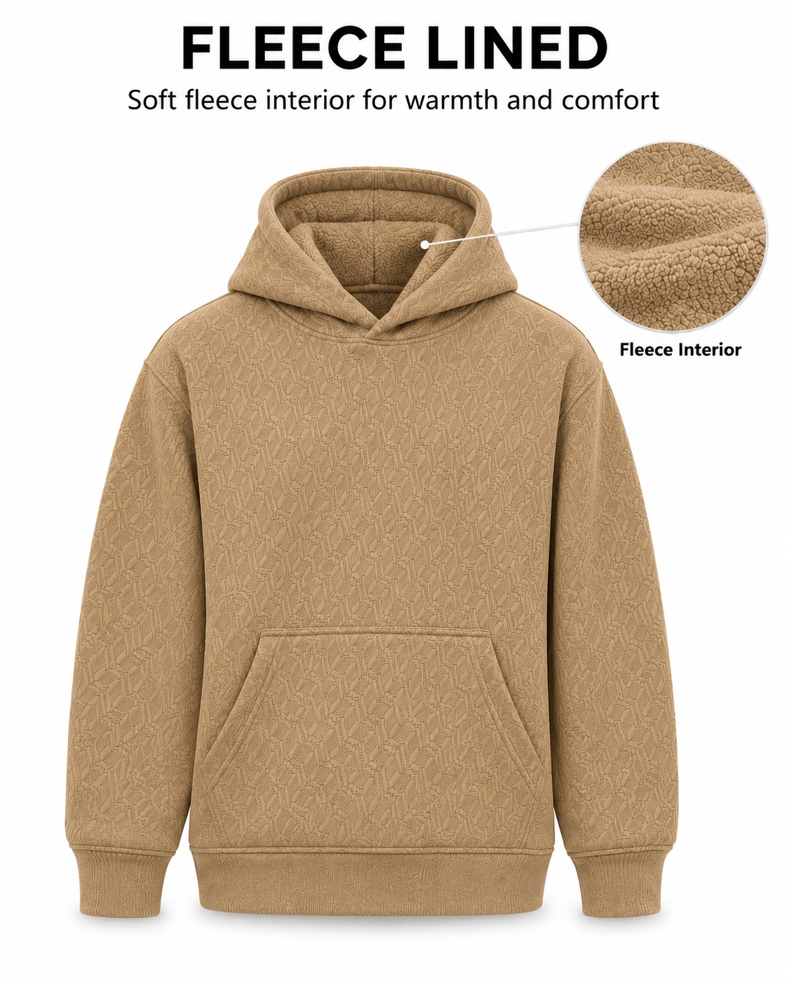 AMOLDO Men's Textured Pullover Hoodie with Kangaroo Pocket | Beige