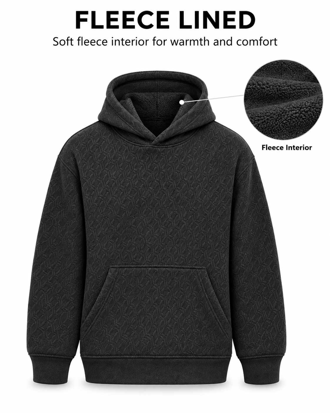 AMOLDO Men's Textured Pullover Hoodie with Kangaroo Pocket | Black