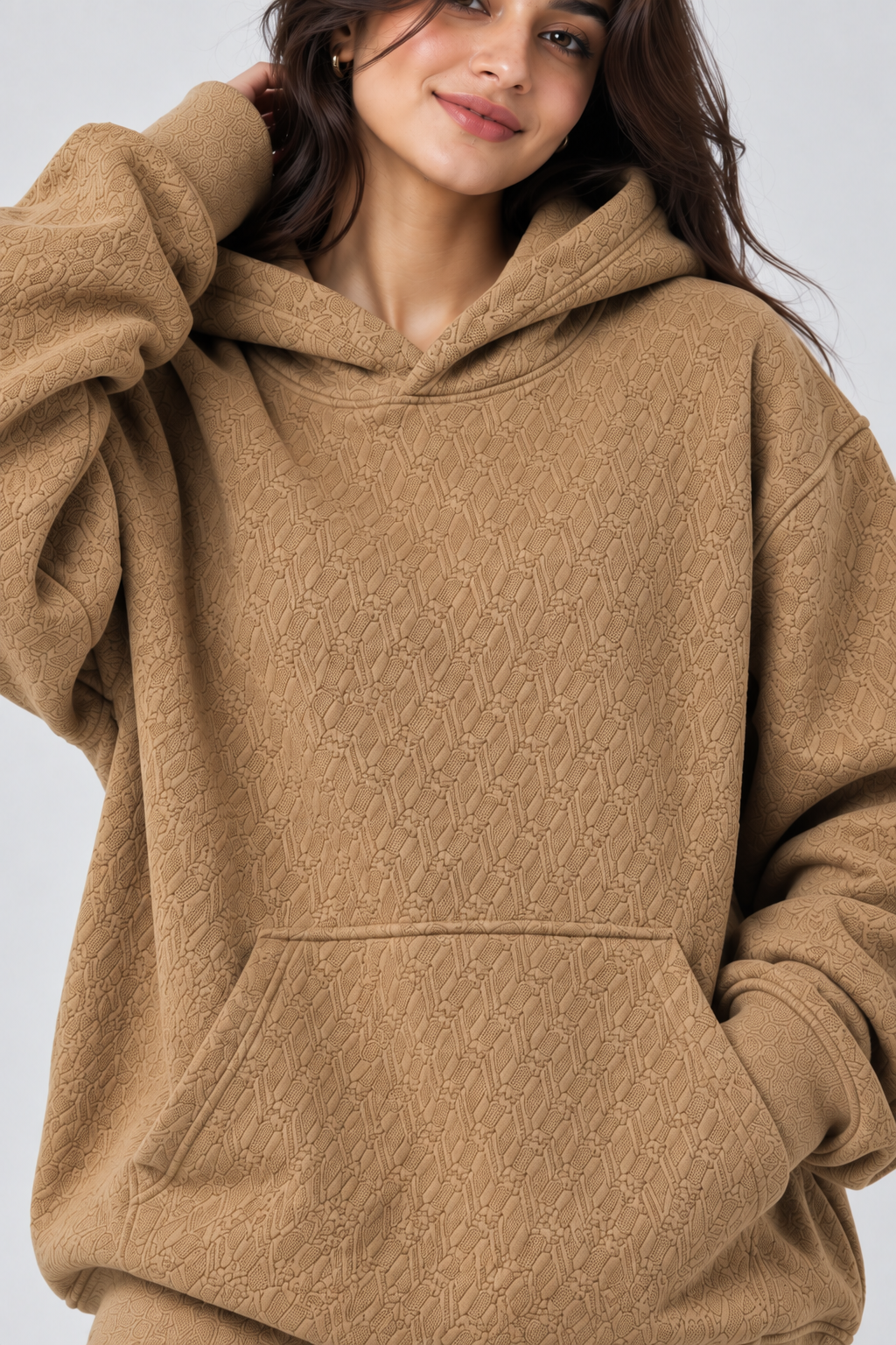 AMOLDO Women's Oversized Textured Pullover Hoodie | 400+ GSM | Beige