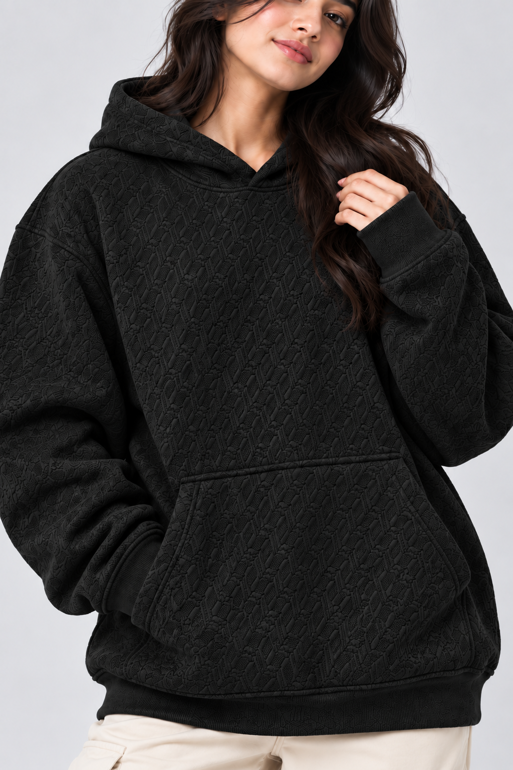AMOLDO Women's Oversized Textured Pullover Hoodie | 400+ GSM | Black