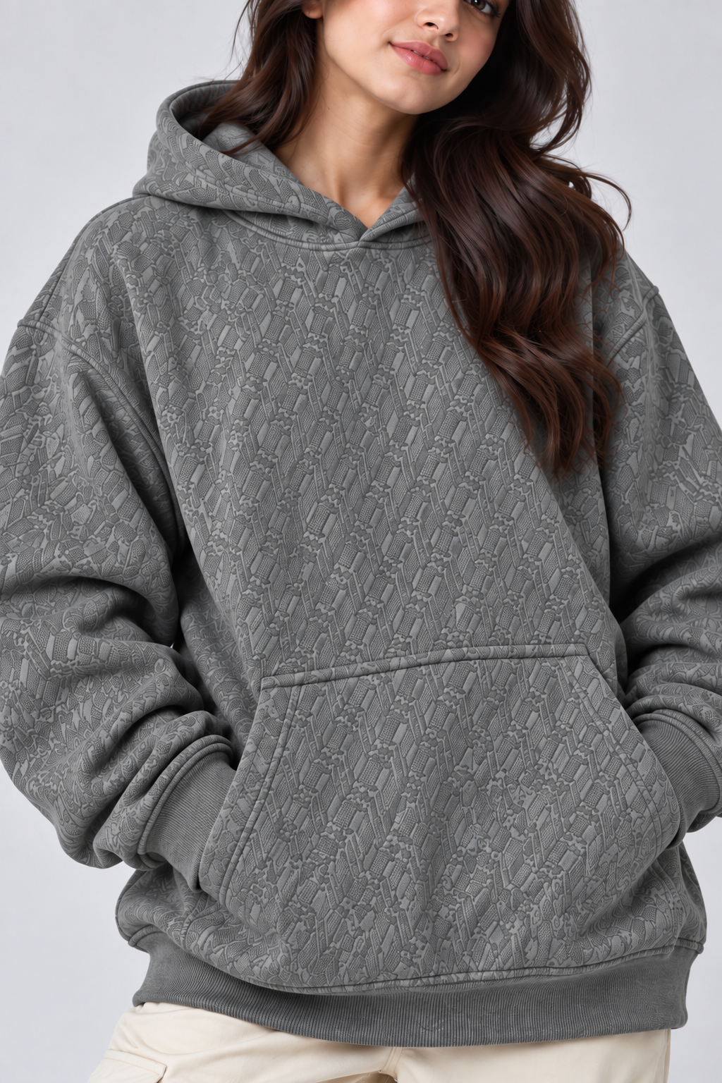 AMOLDO Women's Oversized Textured Pullover Hoodie | 400+ GSM | Grey