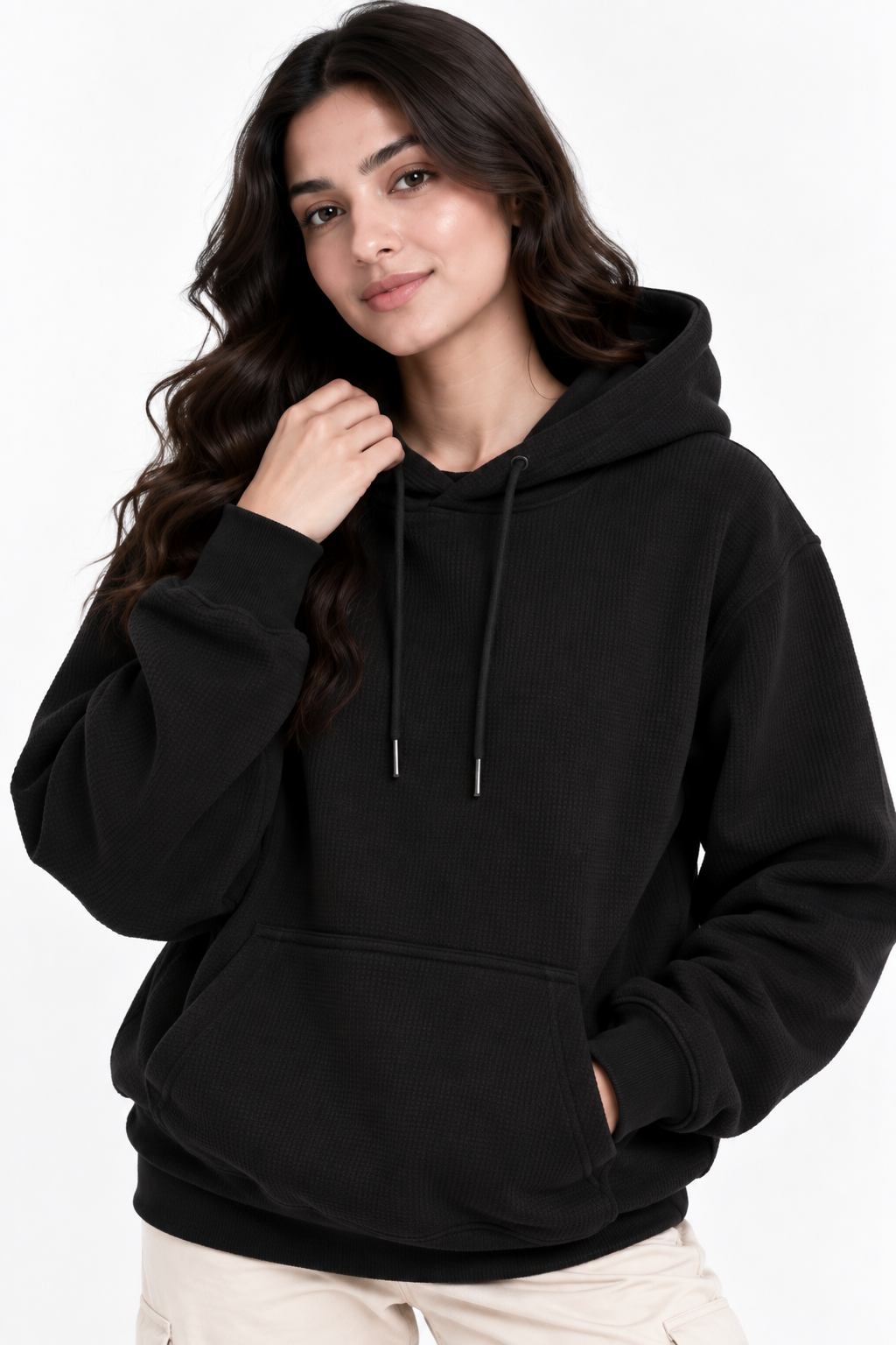 AMOLDO Women's Textured Hoodie | Kangaroo Pocket Full Sleeve Hooded Sweatshirt