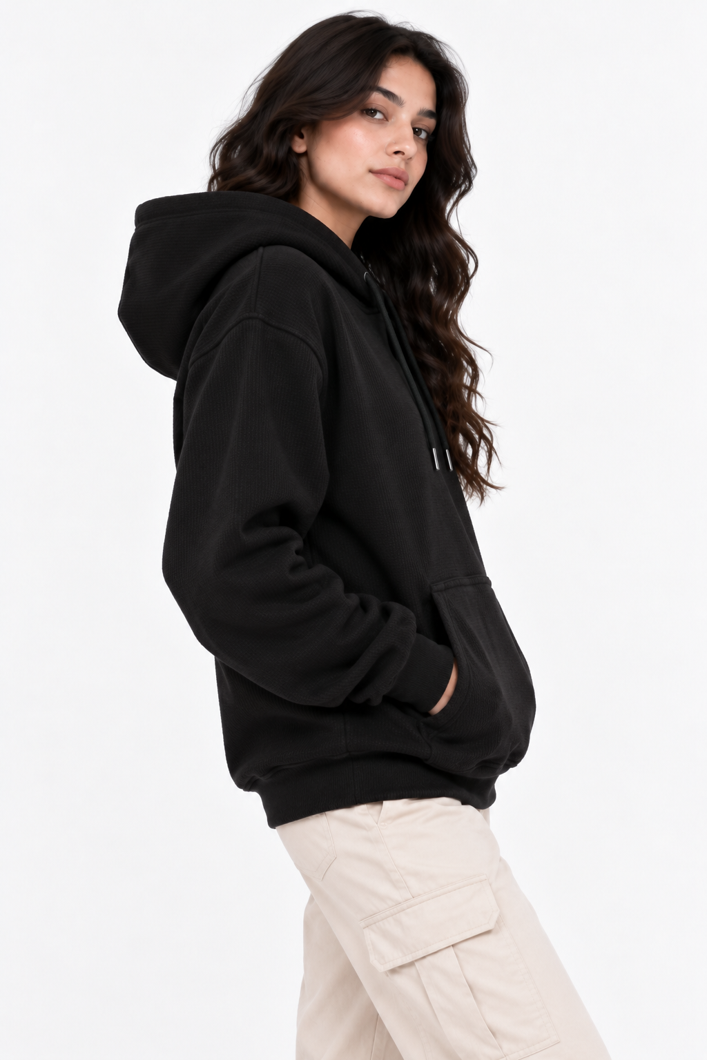 AMOLDO Women's Textured Hoodie | Kangaroo Pocket Full Sleeve Hooded Sweatshirt