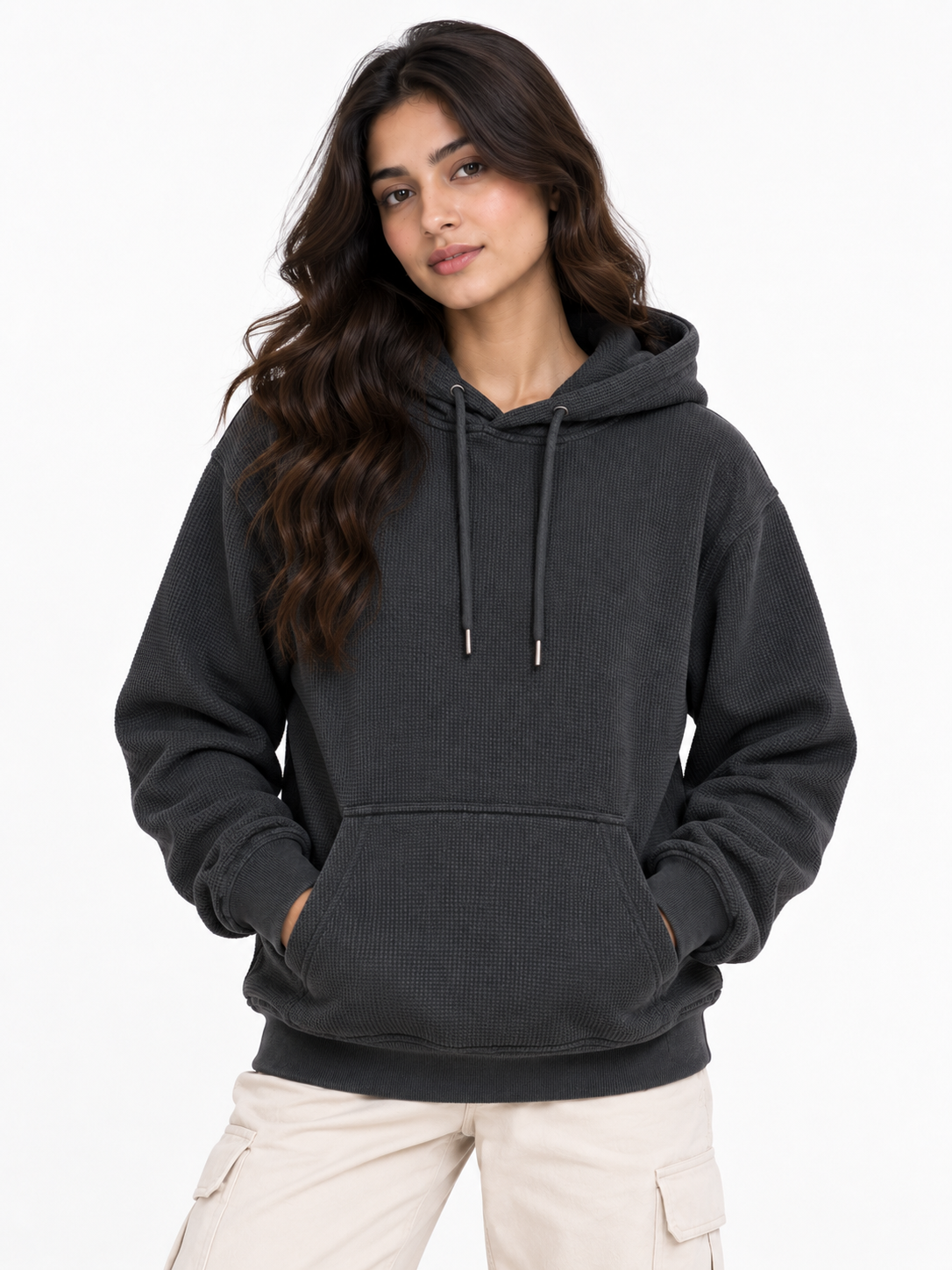 AMOLDO Women's Textured Hoodie | Kangaroo Pocket Full Sleeve Hooded Sweatshirt