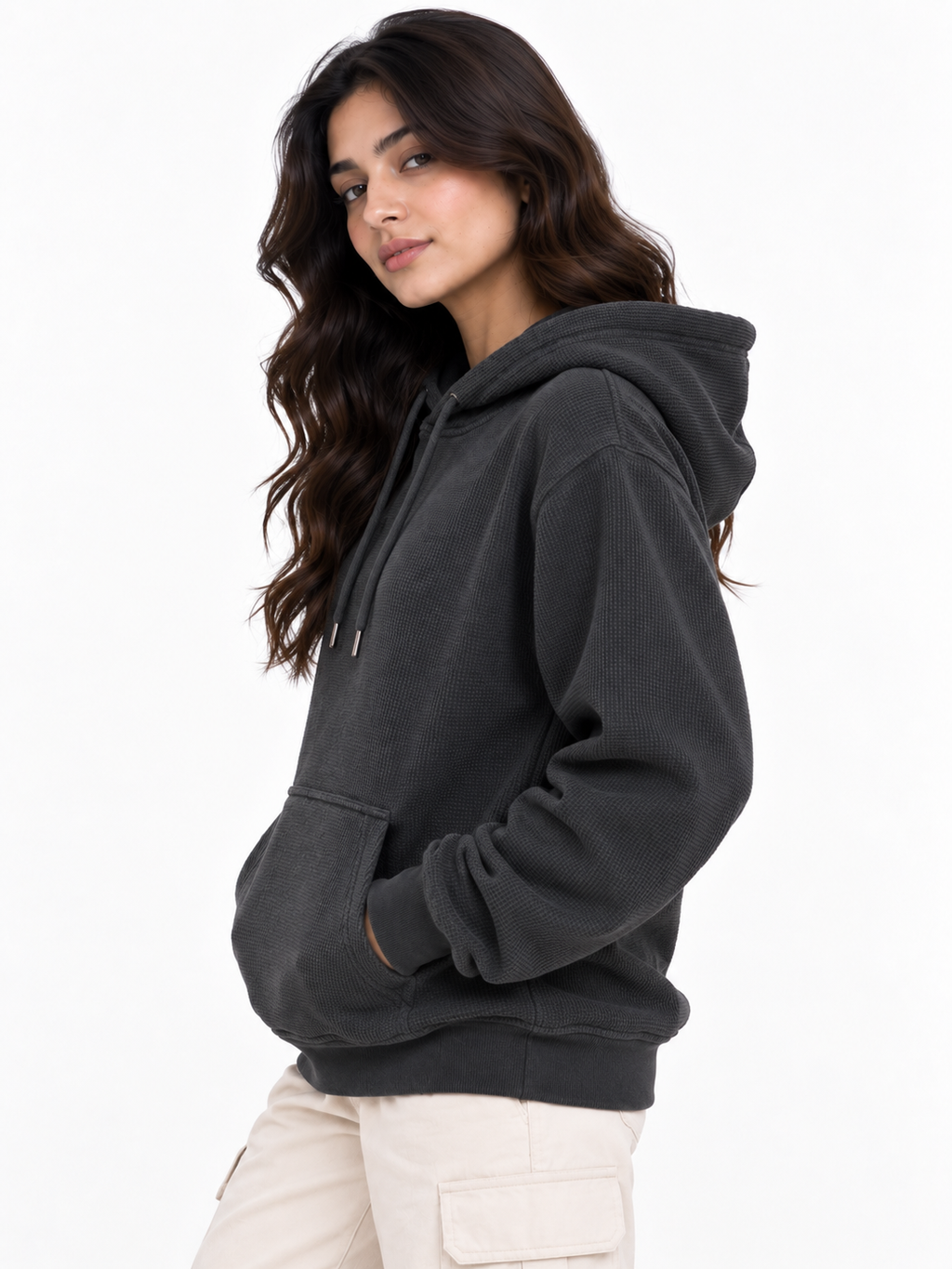 AMOLDO Women's Textured Hoodie | Kangaroo Pocket Full Sleeve Hooded Sweatshirt