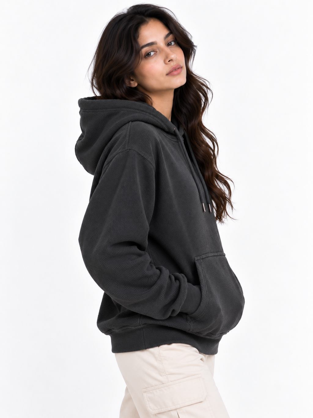 AMOLDO Women's Textured Hoodie | Kangaroo Pocket Full Sleeve Hooded Sweatshirt