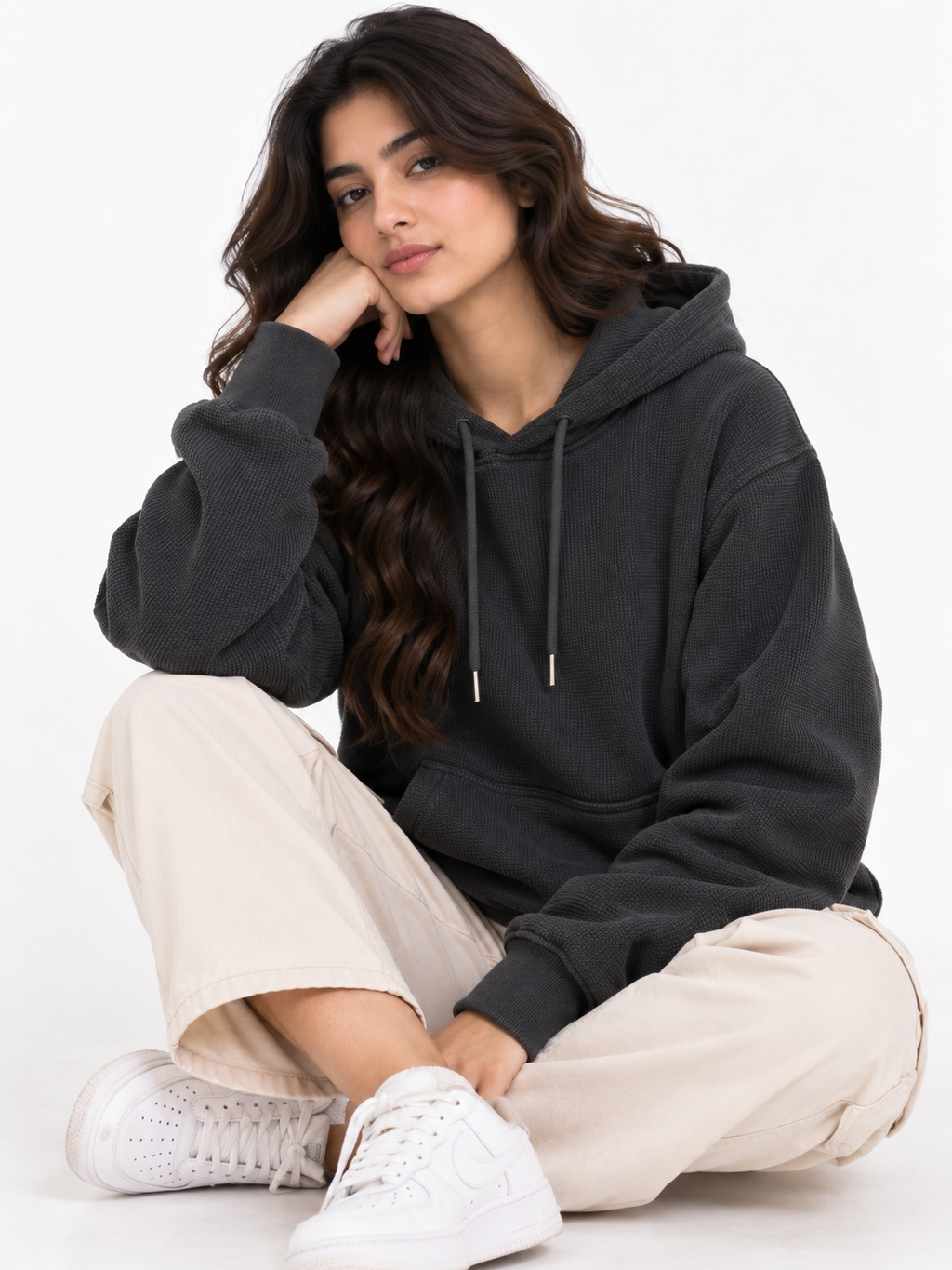 AMOLDO Women's Textured Hoodie | Kangaroo Pocket Full Sleeve Hooded Sweatshirt