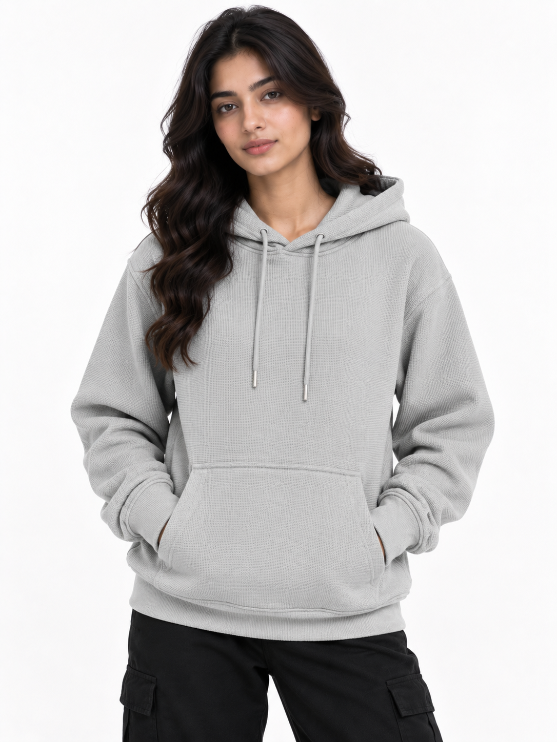 AMOLDO Women's Textured Hoodie | Kangaroo Pocket Full Sleeve Hooded Sweatshirt