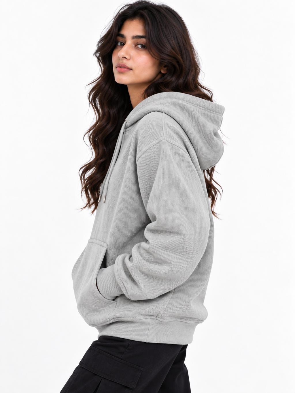 AMOLDO Women's Textured Hoodie | Kangaroo Pocket Full Sleeve Hooded Sweatshirt