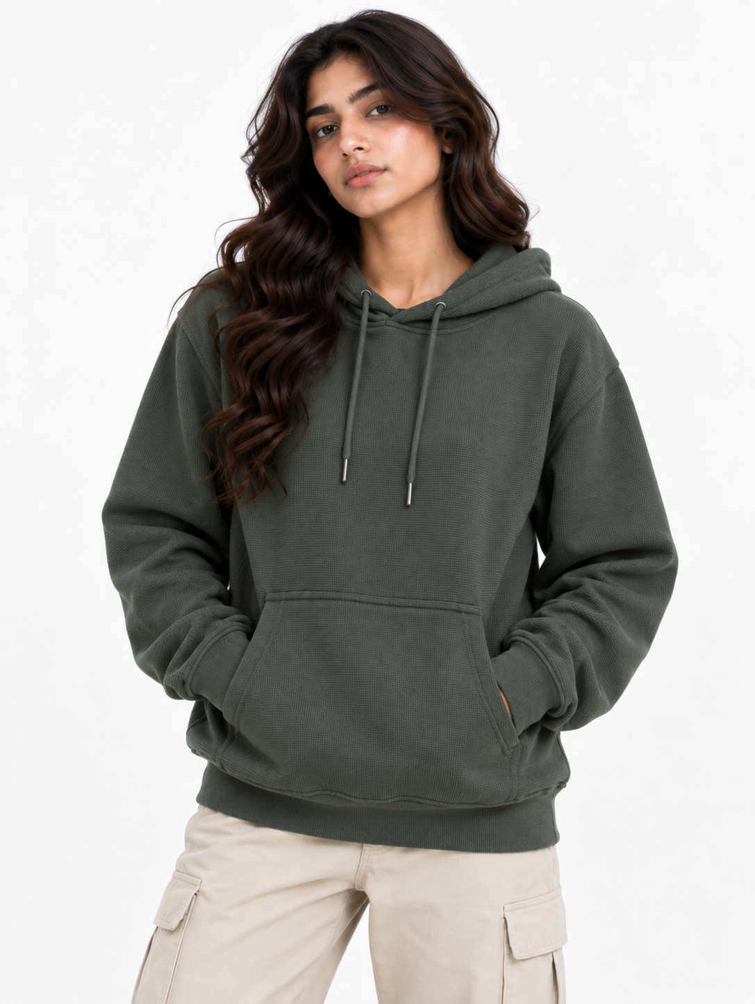 AMOLDO Women's Textured Hoodie | Kangaroo Pocket Full Sleeve Hooded Sweatshirt