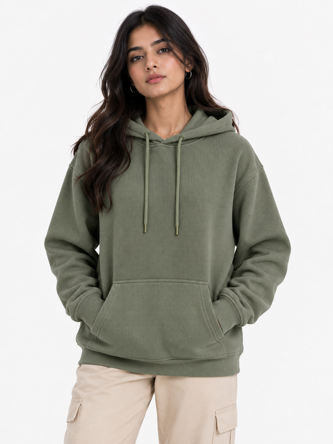 AMOLDO Women's Textured Hoodie | Kangaroo Pocket Full Sleeve Hooded Sweatshirt