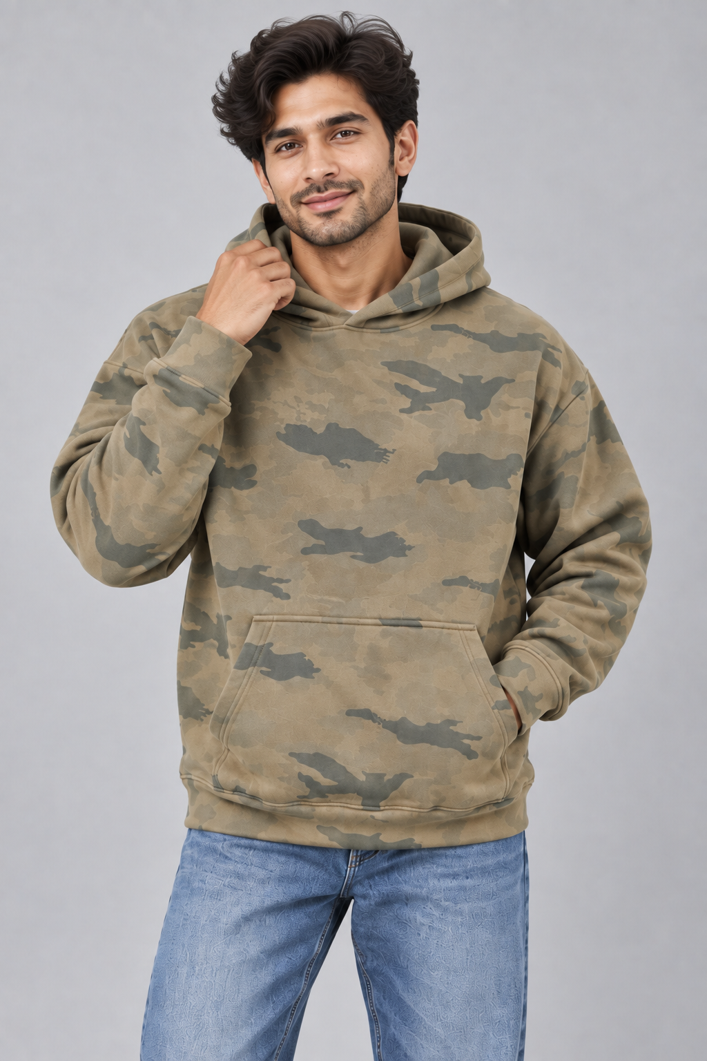 AMOLDO Men’s Camouflage Cotton Fleece Pullover Hoodie | Winter Hooded Sweatshirt