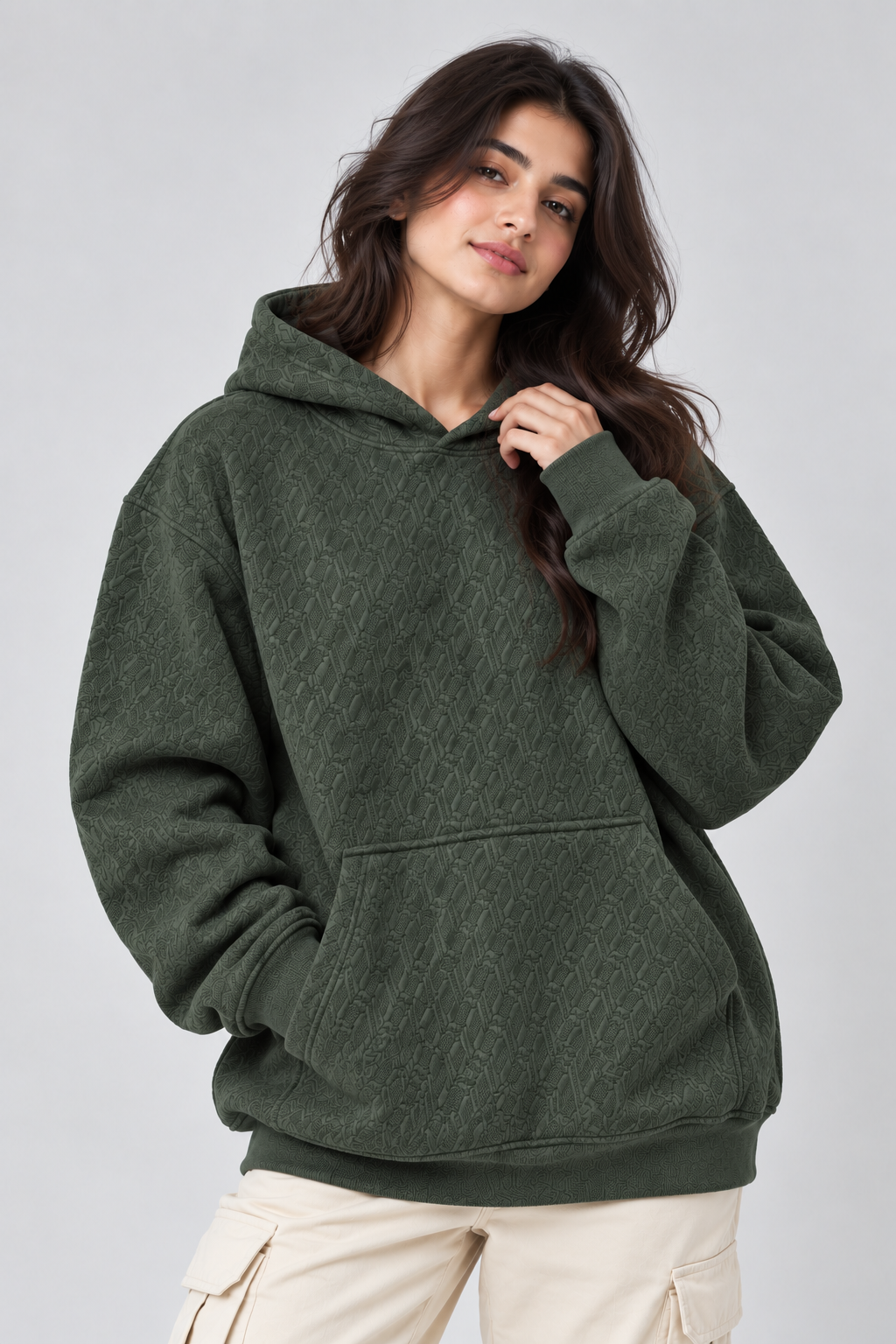 AMOLDO Women's Oversized Textured Pullover Hoodie | 400+ GSM | Olive