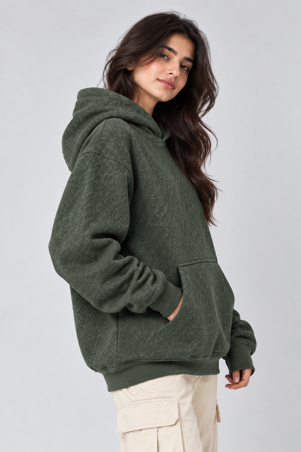 AMOLDO Women's Oversized Textured Pullover Hoodie | 400+ GSM | Olive