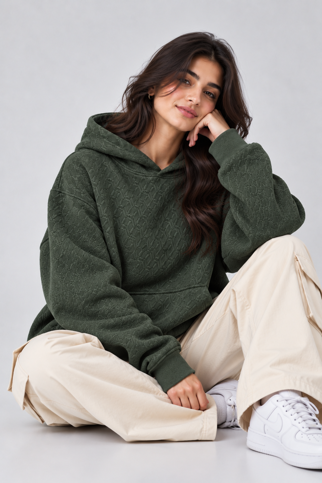 AMOLDO Women's Oversized Textured Pullover Hoodie | 400+ GSM | Olive