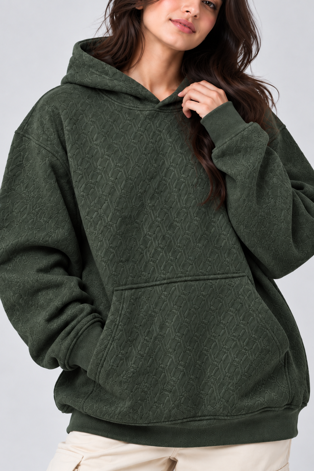 AMOLDO Women's Oversized Textured Pullover Hoodie | 400+ GSM | Olive