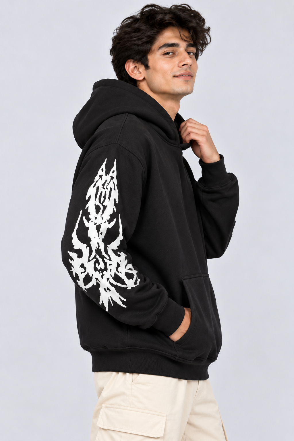 Men's Hooded Sweatshirt with White Graphic Print | 400+ GSM | Black