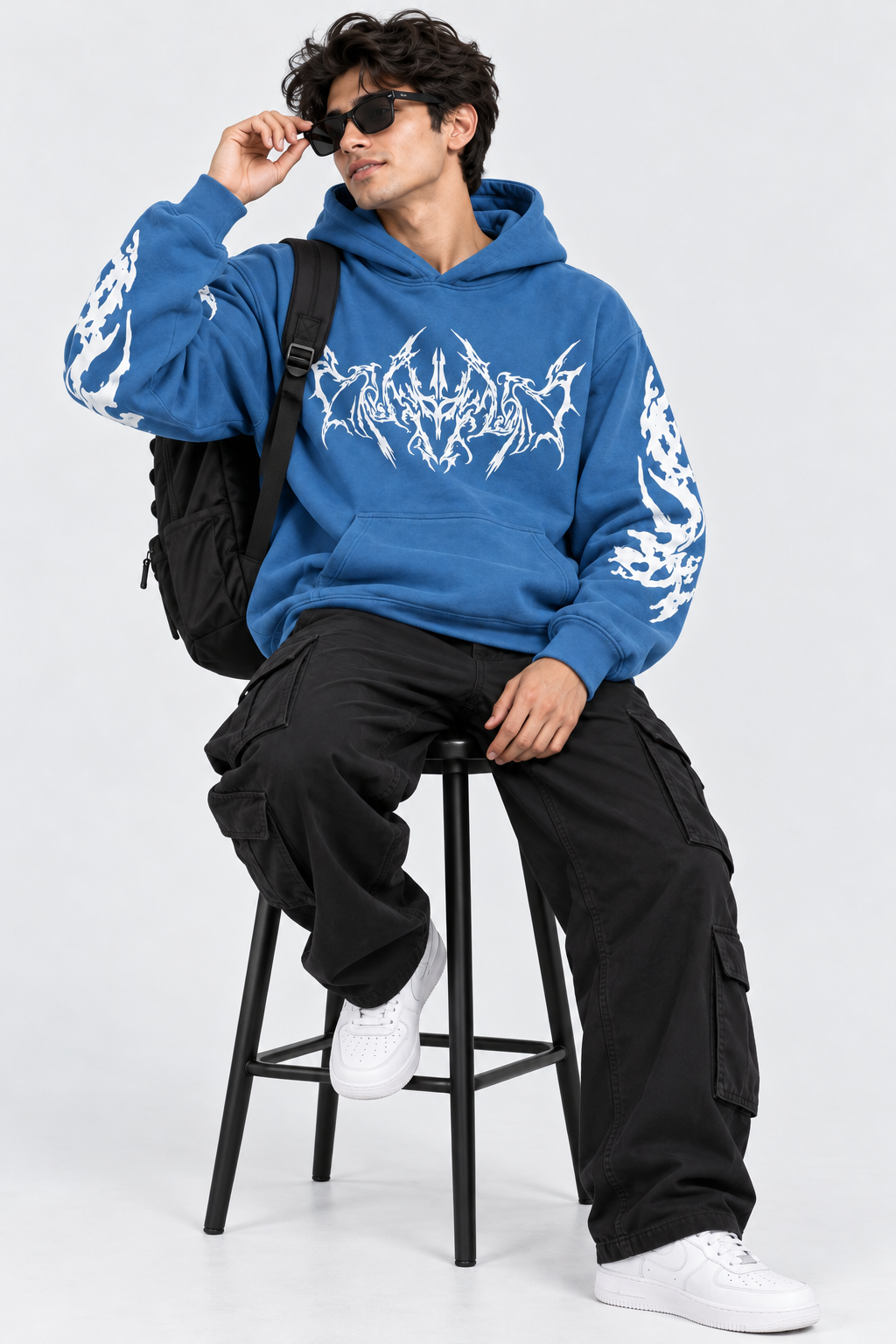 Men's Hooded Sweatshirt with White Graphic Print | 400+ GSM | Blue