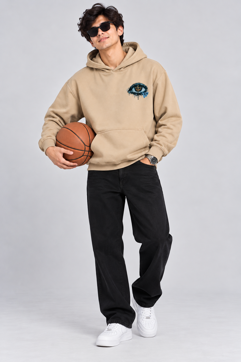 Amoldo Men's Fleece Hoodie with Graphic Print | 400+ GSM Sweatshirt | Beige