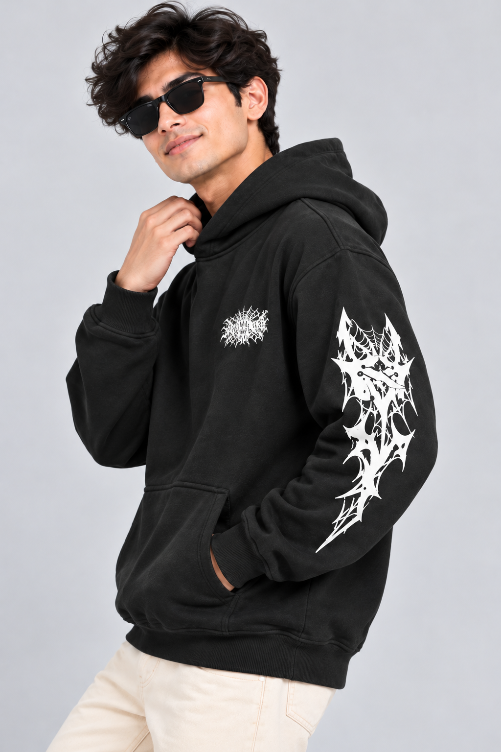 Amoldo Men's Fleece Hoodie with Graphic Print | 400+ GSM Sweatshirt | Black