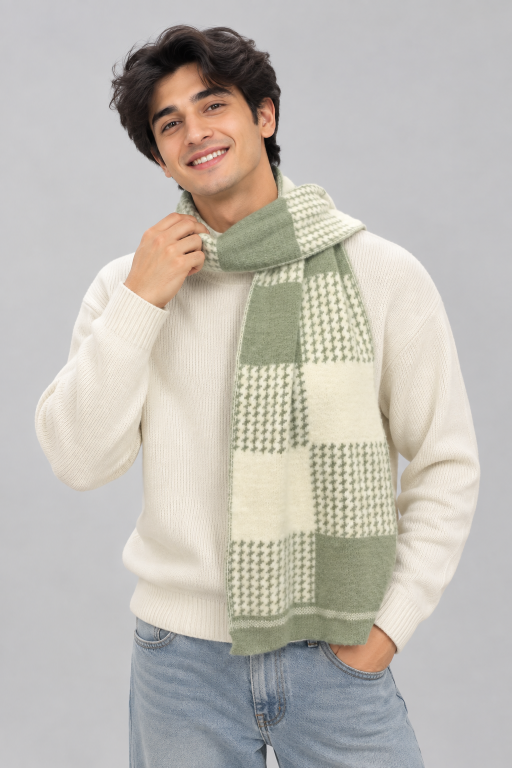 Unisex Winter Muffler Scarf for Men and Women with Checkered Pattern | Sage Green