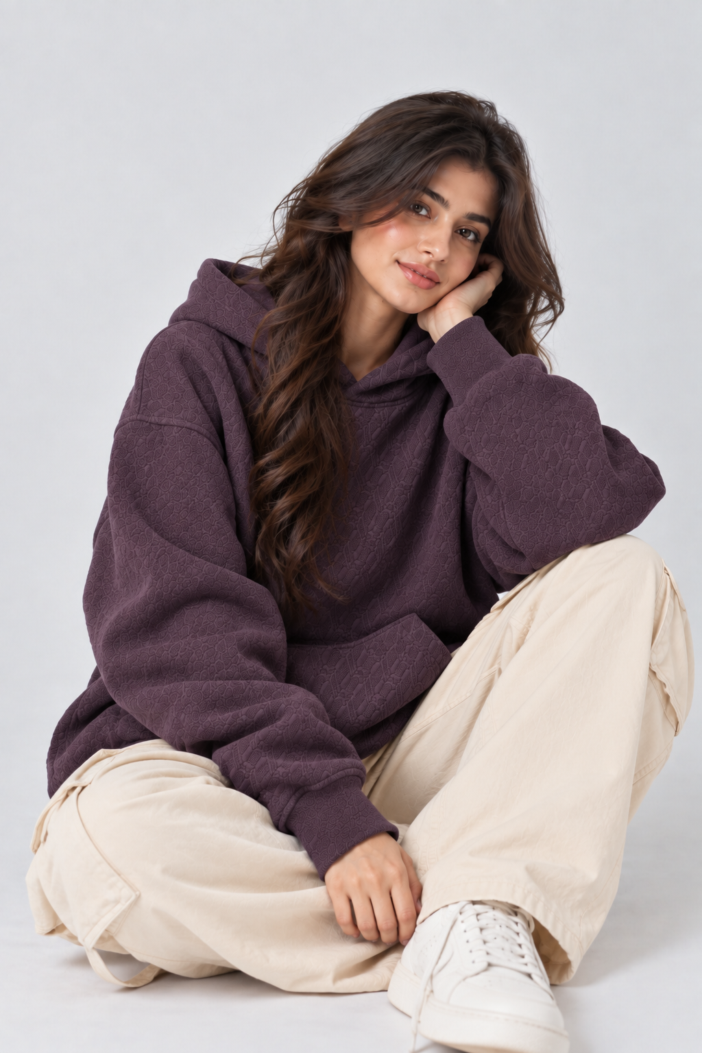 AMOLDO Women's Oversized Textured Pullover Hoodie | 400+ GSM | Dark Plum