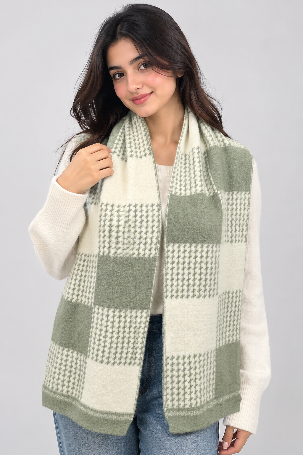 Unisex Winter Muffler Scarf for Men and Women with Checkered Pattern | Sage Green