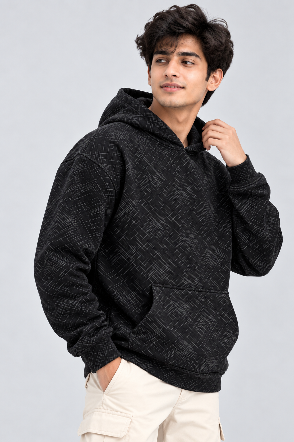 Amoldo Men's Printed Pullover Hooded Sweatshirt | 400+ GSM | Black