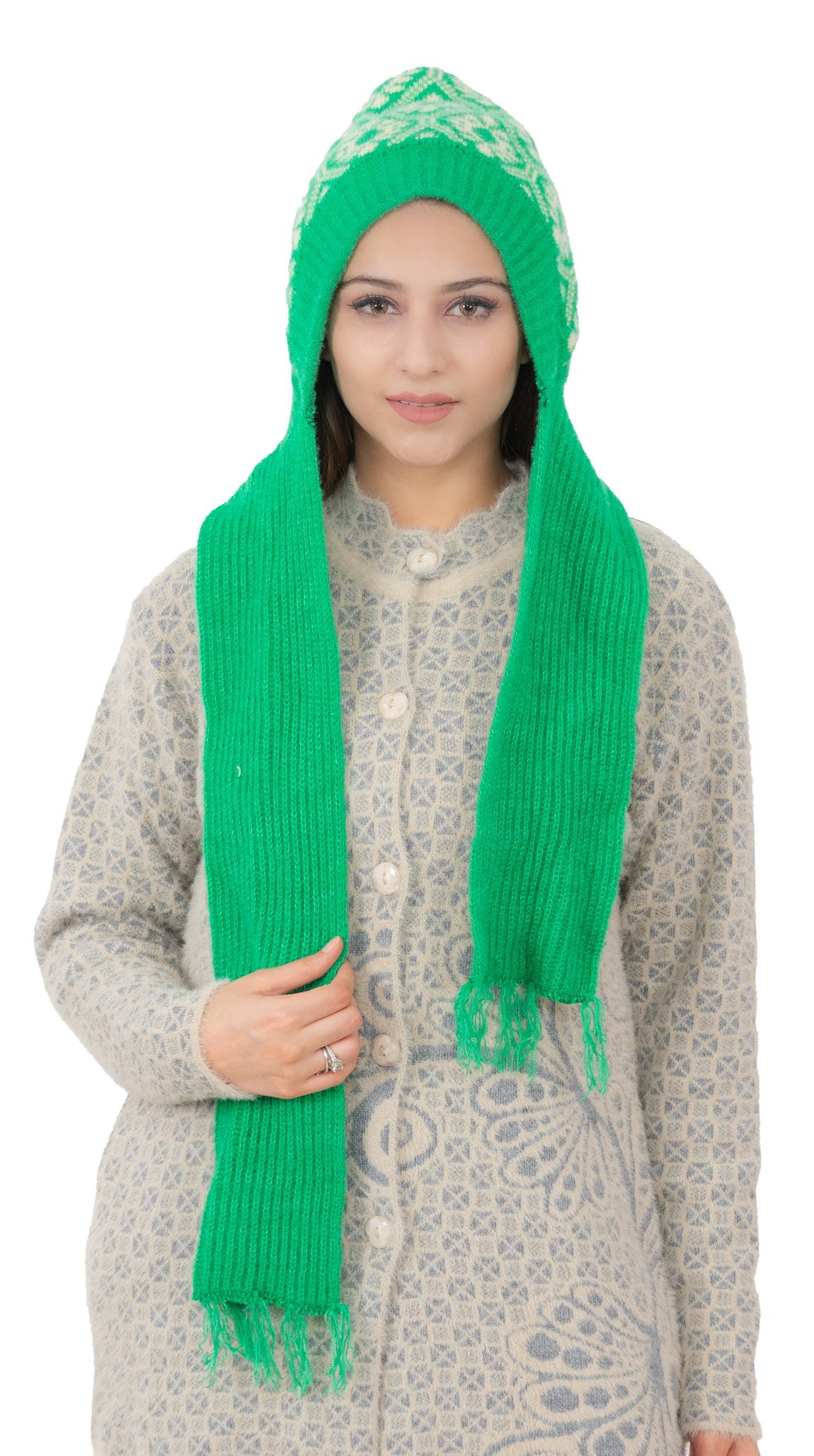 Woolen Printed Muffler Cap for Women- Green | AMOLDO