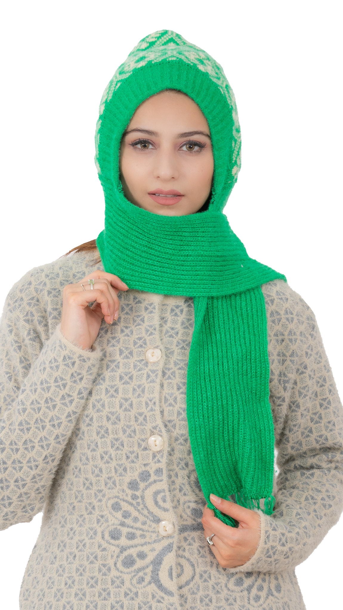 Woolen Printed Muffler Cap for Women- Green | AMOLDO