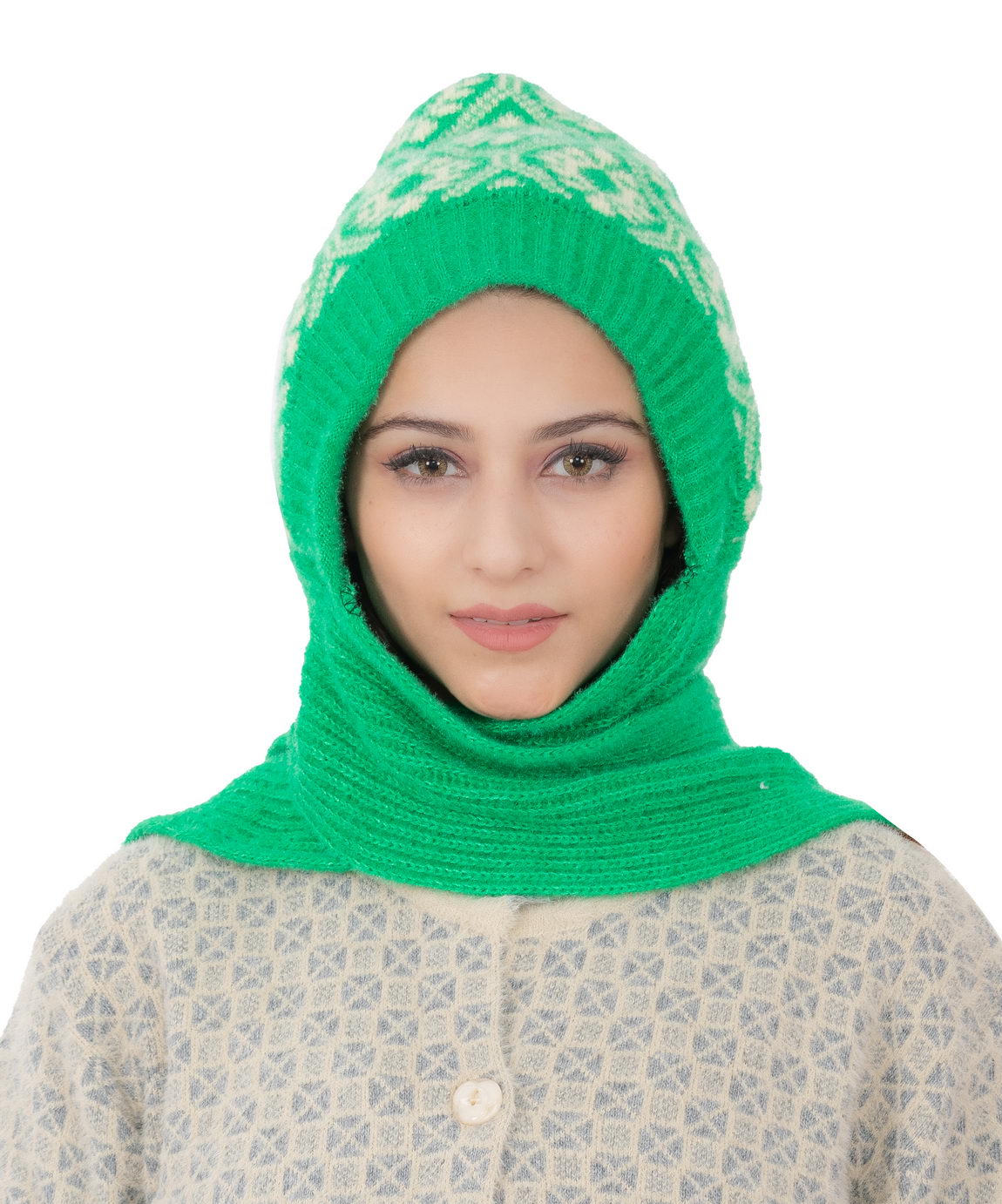 Woolen Printed Muffler Cap for Women- Green | AMOLDO