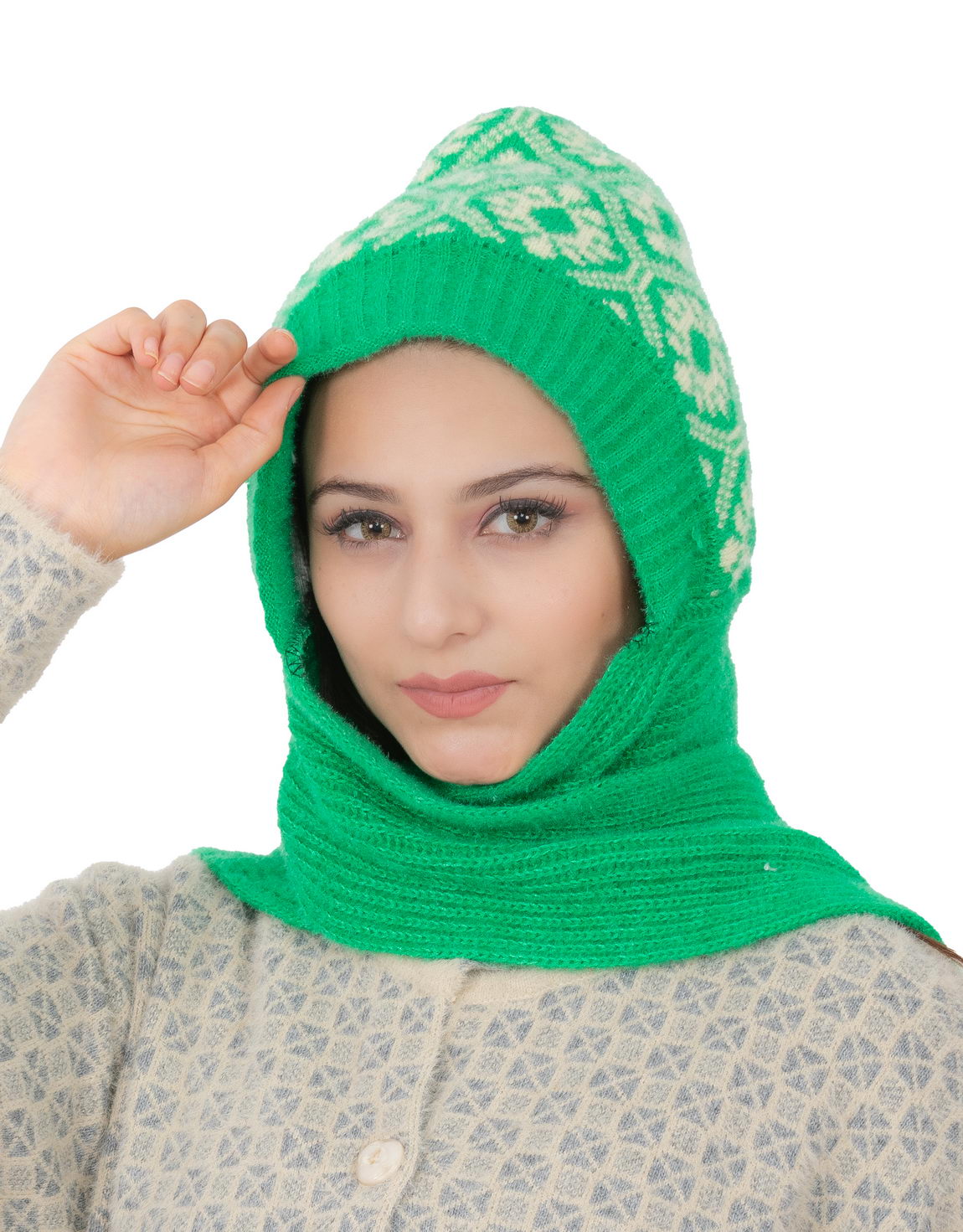 Woolen Printed Muffler Cap for Women- Green | AMOLDO