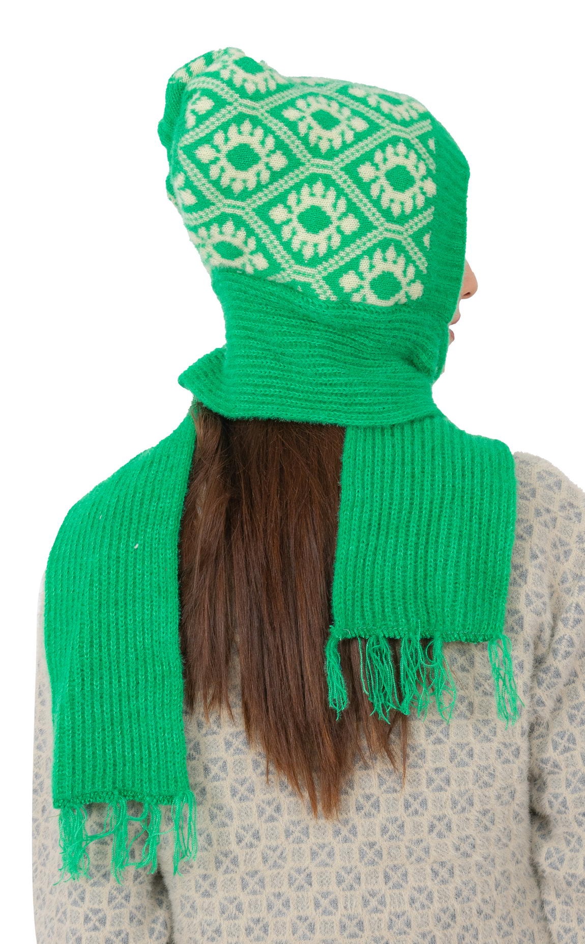 Woolen Printed Muffler Cap for Women- Green | AMOLDO